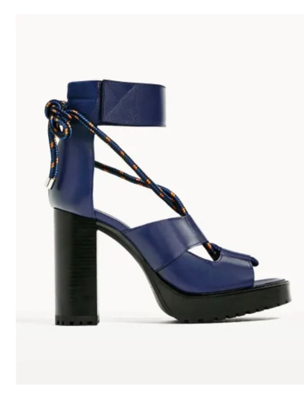 Zara Blue Leather Chunky Heel Open Toe Sandals Bungee Cord Laces 6